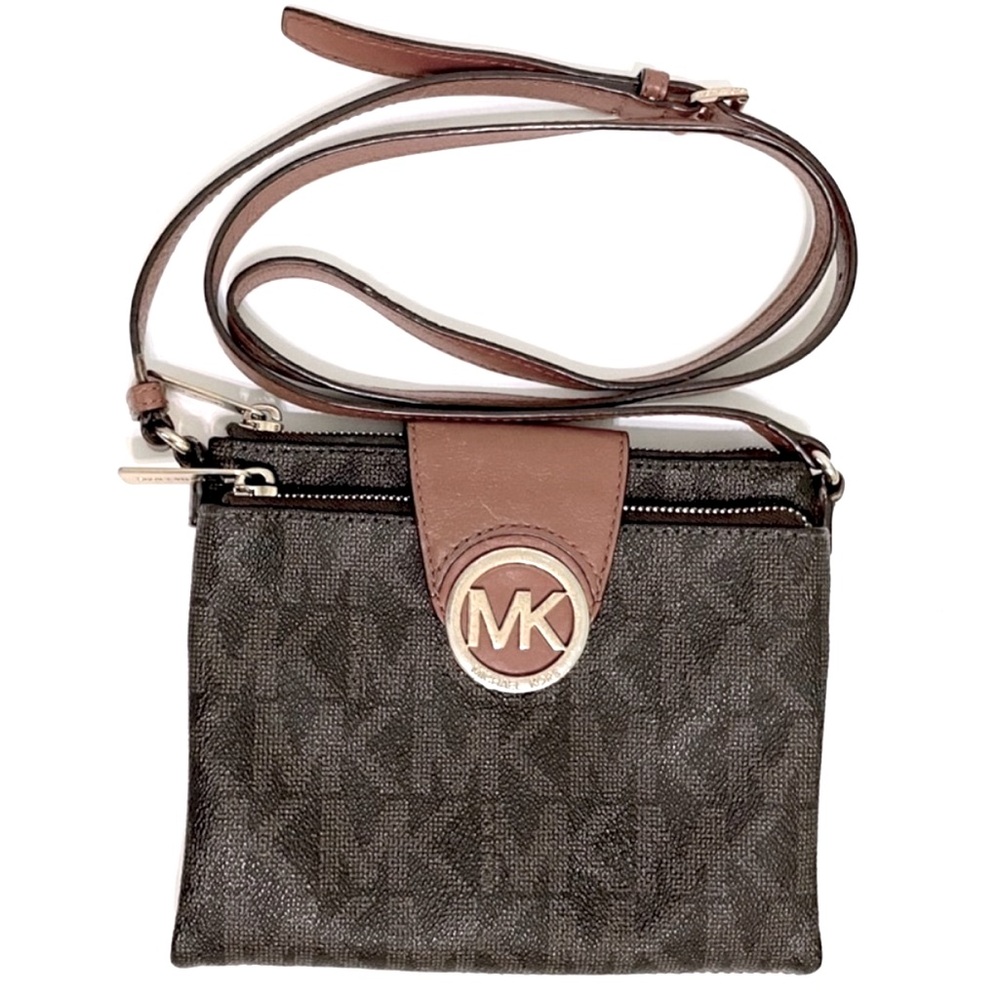 Michael Kors Fulton MK Monogram Crossbody Bag Leather Dark Brown Saddle